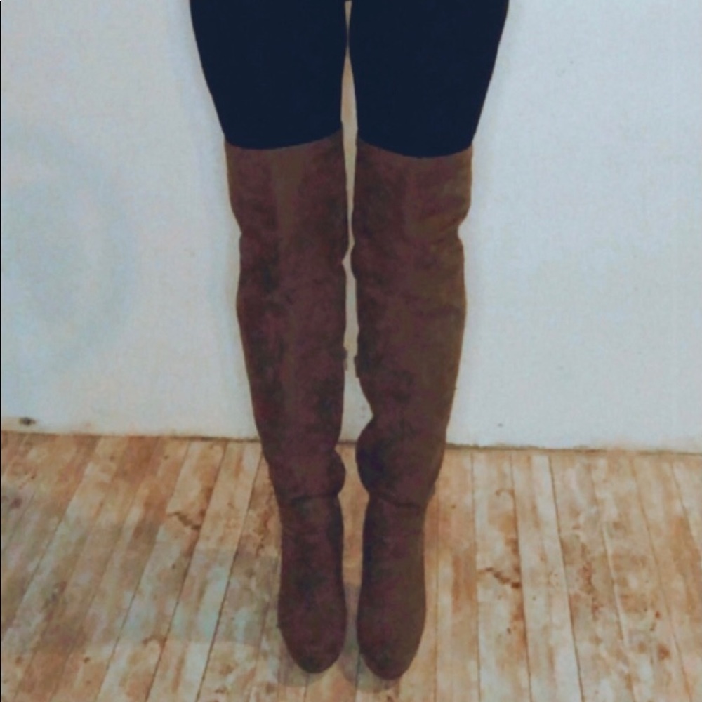 Taupe platform over the knee wide calf boots